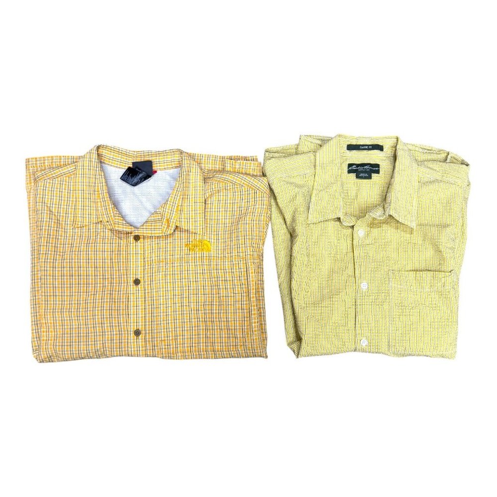 Lot of 2 The North Face Eddie Bauer Mens Checkered Short Sleeve Shirts L Yellow